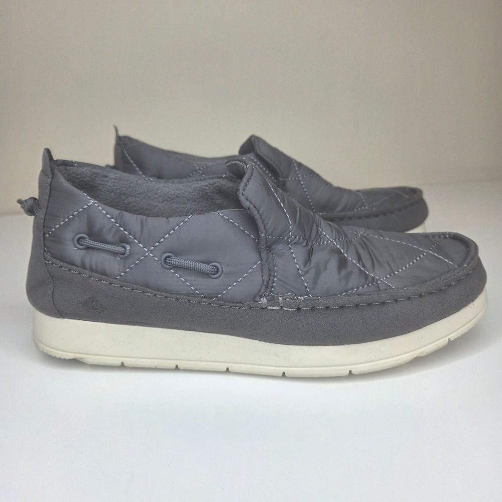 Sperry Women Grey Quilted Puffer Moccasin Slippers Size 8M Cozy